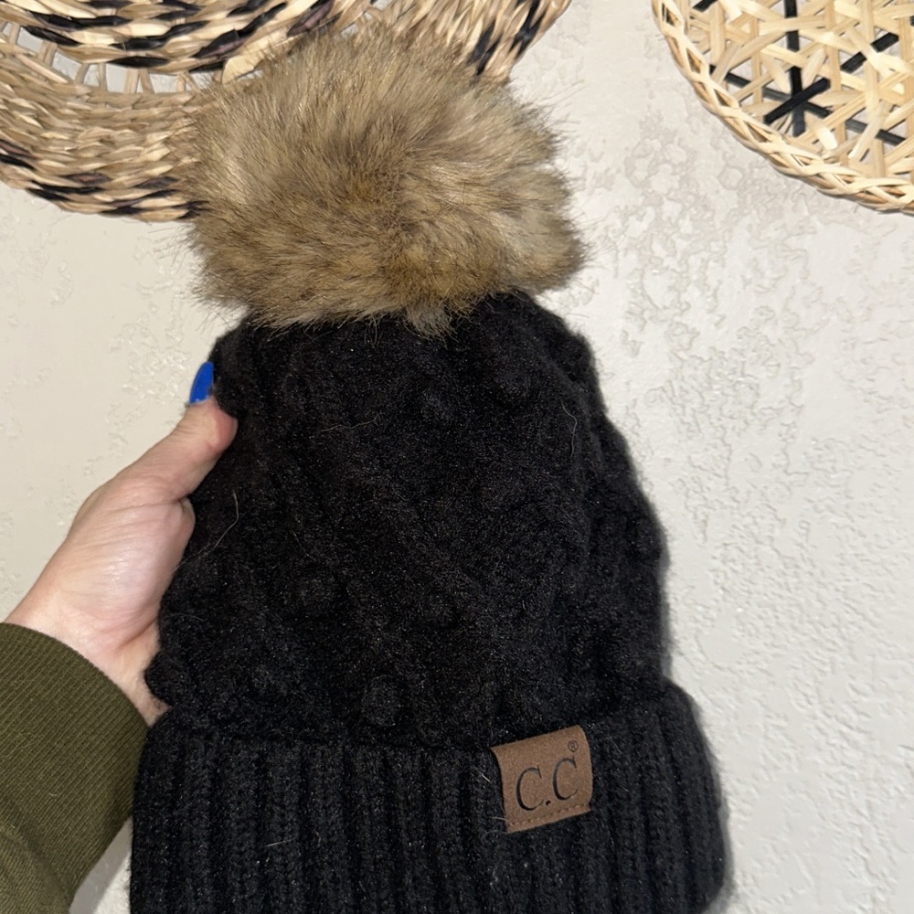 CC Boutique Black and Brown Knit Hat with Leather Patch